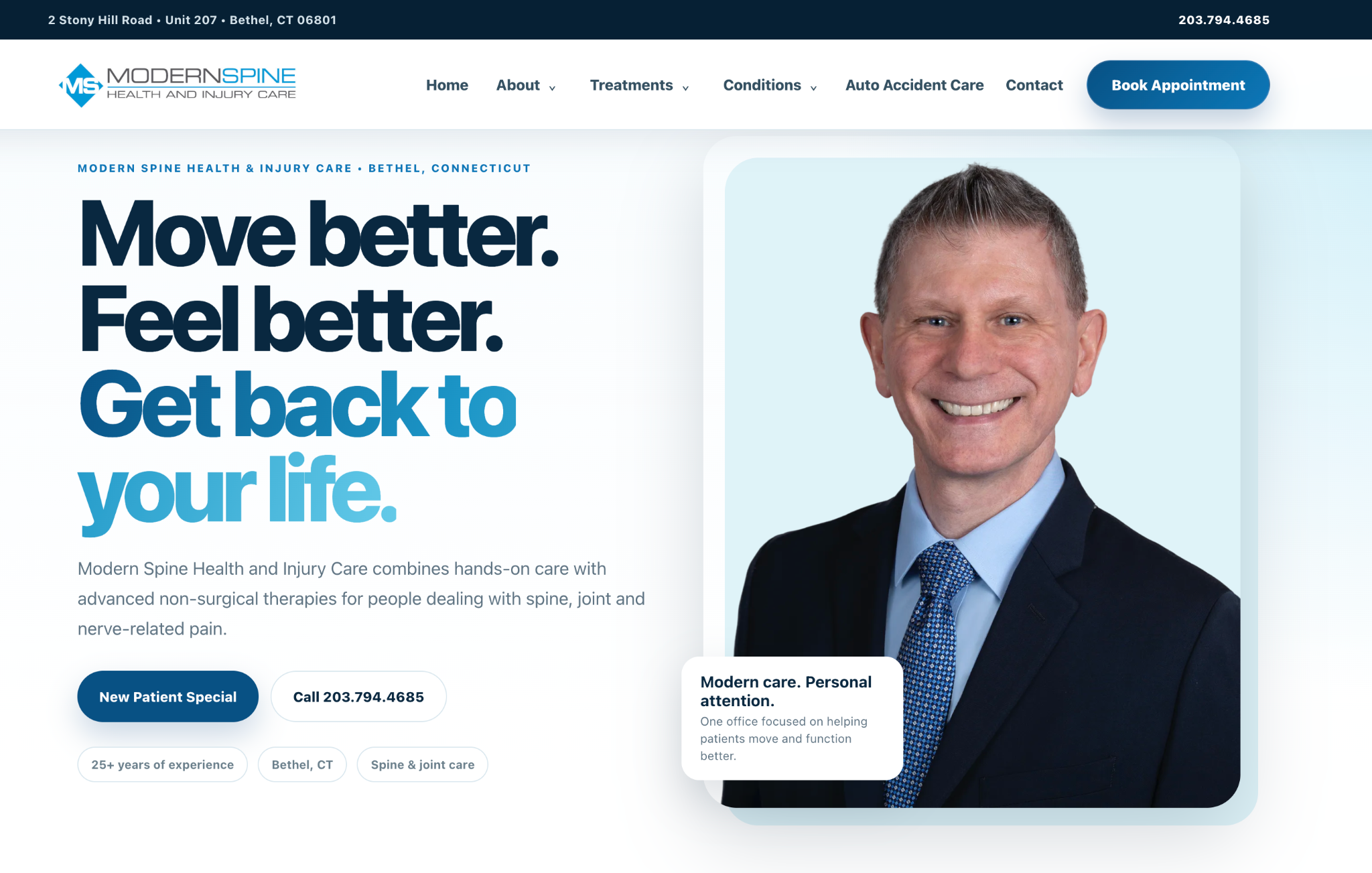 Modern Spine Health and Injury Care website example